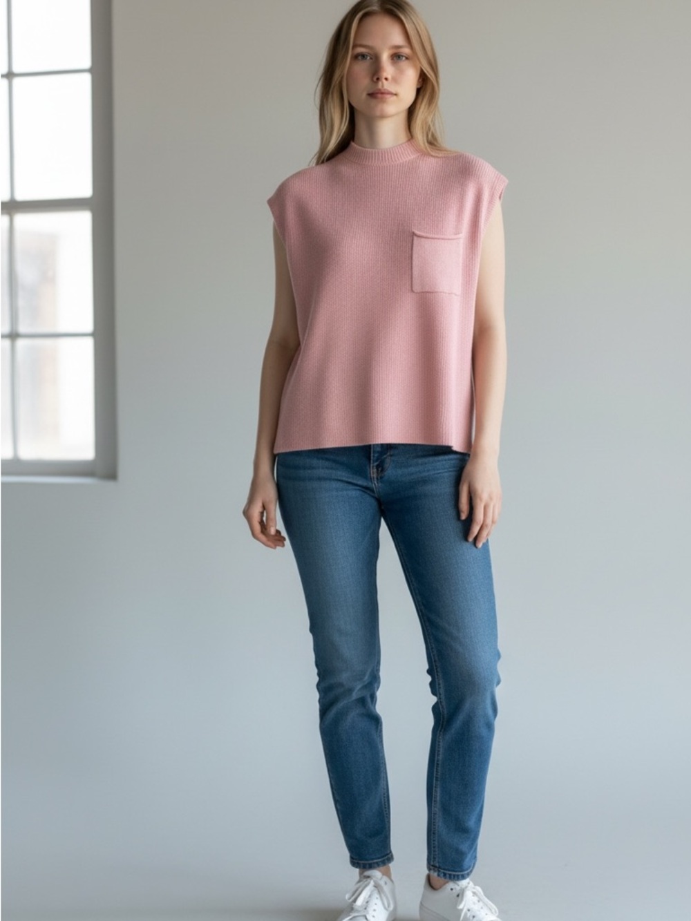 Sleeveless dusty rose  Knit Top with Pocket